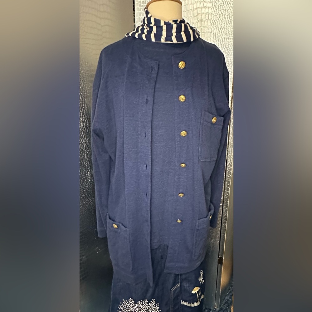 Adrienne Vittadini Navy Blue Cardigan and Tee Set with Gold Buttons Plus Scarf